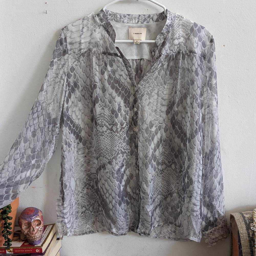 Silk Button Up Blouse I. Madeline Gray Snake Print